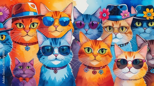 Watercolor art a lively group of cartoon cats. Showcasing unique personalities, accessories, and attire, such as fedoras, sunglasses, and flowers photo