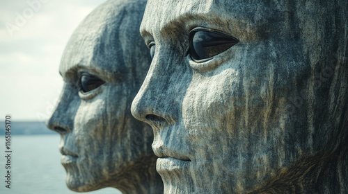 Two stone faces with eyes staring at the camera photo