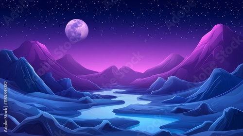 A remote, dark alien world in the far reaches of space, featuring a desolate surface and a moon, with a nighttime mountain landscape. This evokes themes of futuristic nature, science fiction, photo