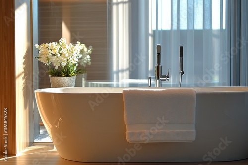 Modern bathroom with freestanding tub and natural elements enhancing the sere...