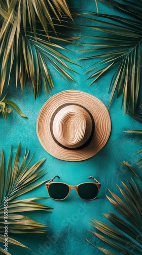 Sunny tropical arrangement with hat and sunglasses on vibrant blue background