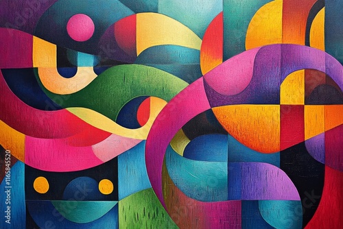 Vibrant abstract artwork featuring colorful geometric shapes and flowing lines