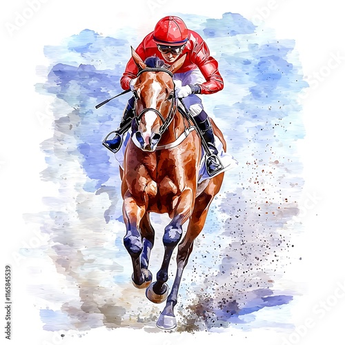 Watercolor Painting of Jockey and Horse in Full Gallop During a Race.