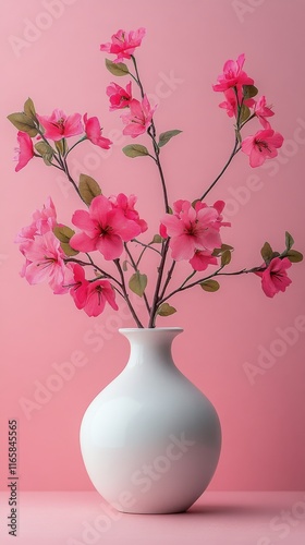 Vibrant pink flowers in white vase against soft pink background