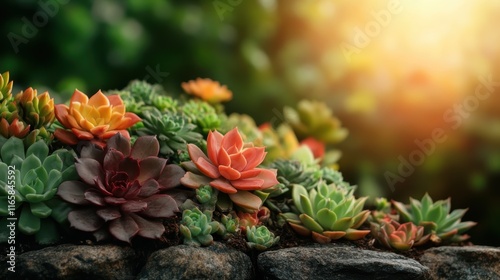 A colorful array of succulent plants basking in the sunlight offers a vibrant display of nature’s beauty, showcasing different shapes, sizes, and hues in a garden setting. photo