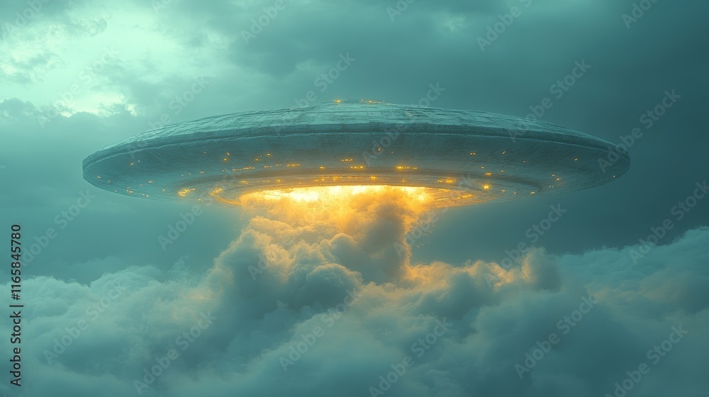 A large, glowing, alien spaceship is flying through the sky A large, glowing, alien spaceship is flying through the sky