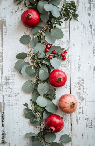 Fresh pomegranates and eucalyptus leaves arranged on a rustic wooden surface