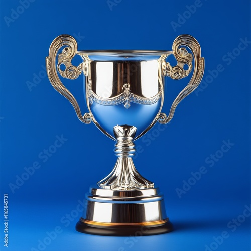 Shiny silver trophy with gold accents on a blue background celebrating achiev...