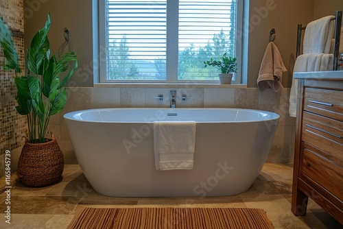 Modern bathroom with freestanding tub and natural elements enhancing the sere...
