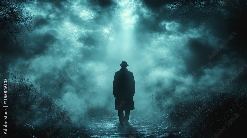 A man is walking through a foggy forest A man is walking through a foggy forest