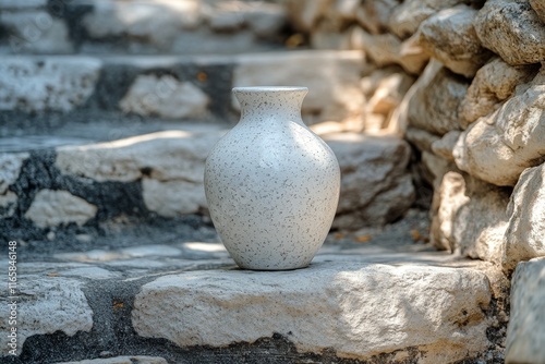 Elegant white vase with delicate flowers on stone steps in soft sunlight