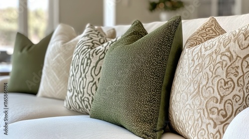 Stylish decorative pillows arranged on a cozy white sofa enhancing a modern l...