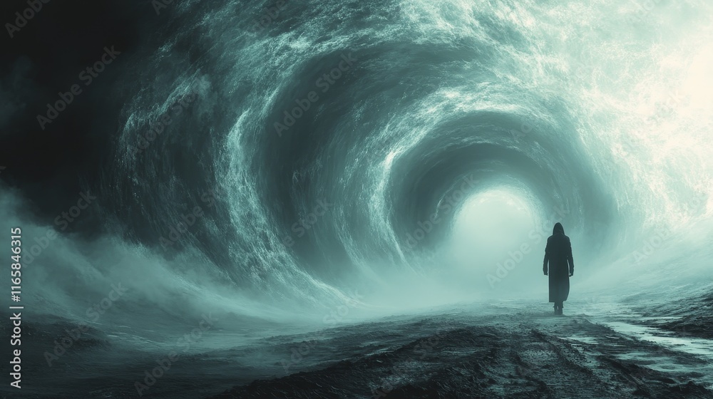 A person is walking through a tunnel in the middle of a storm A person is walking through a tunnel in the middle of a storm