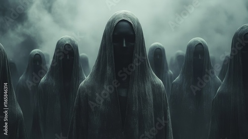 A group of people are dressed in black robes and are standing in a dark room