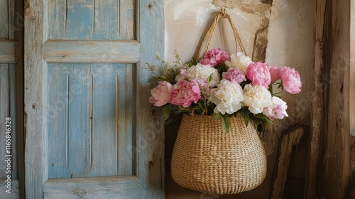 Fresh pink and white peonies arranged in a woven basket hanging by a vintage ...
