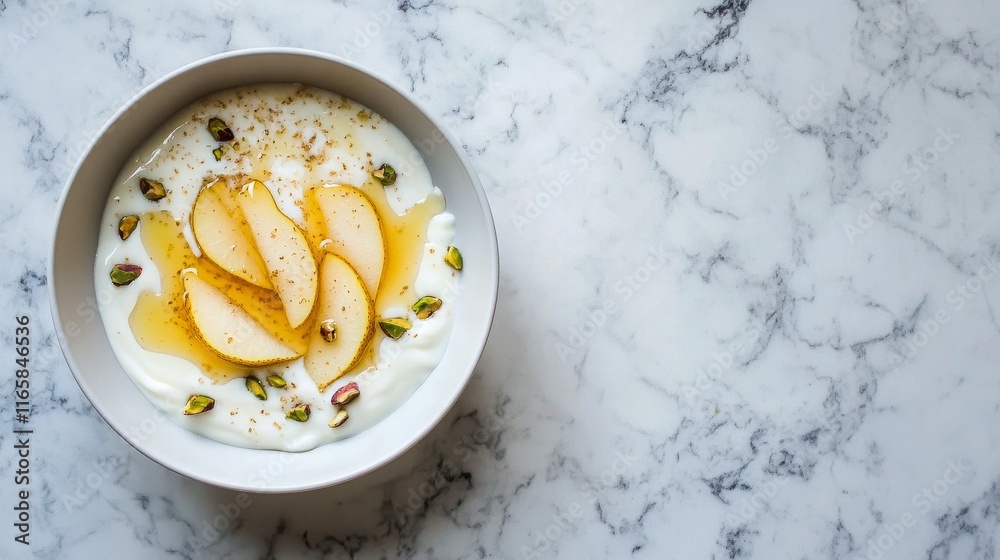 Delightful pear dessert with yogurt and pistachios on a marble table Delightful pear dessert with yogurt and pistachios on a marble table