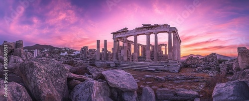 As the sun sets, the ancient temple ruins offer a panoramic view, with the remains of an old Greek building set against a striking sky. This captures the essence of antiquity, Greece, landscape, and photo