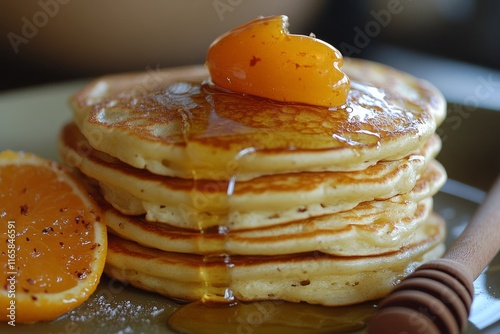Delicious stack of golden pancake squares drizzled with syrup on a rustic plate