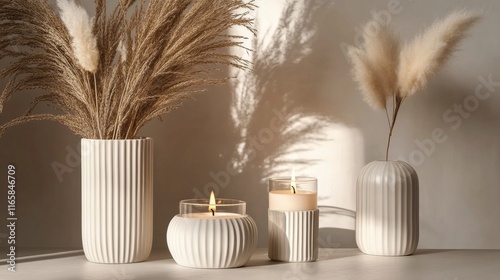 Elegant home decor featuring dried flowers and lit candles in a serene setting