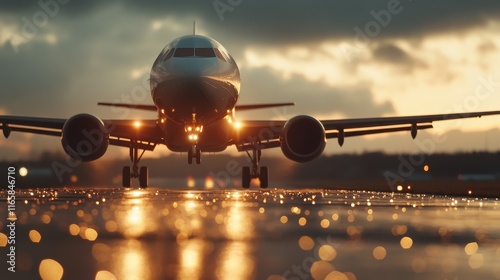 A stunning view of an aircraft landing on a runway with lights reflecting off wet pavement during sunset, highlighting the beauty of travel and human achievement. photo