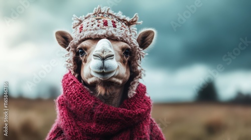 A serene camel adorned with a thick, intricately designed scarf and fluffy hat poses gently against a moody backdrop, blending elegance with playful charm in an artistic representation. photo