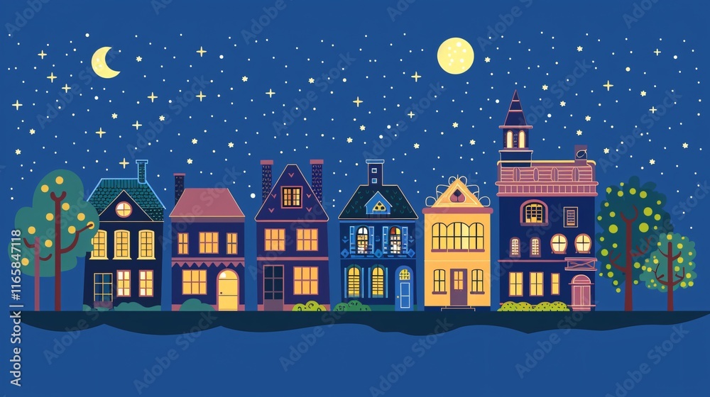 Fototapeta premium Night Houses in Flat Vector Style on White Background
