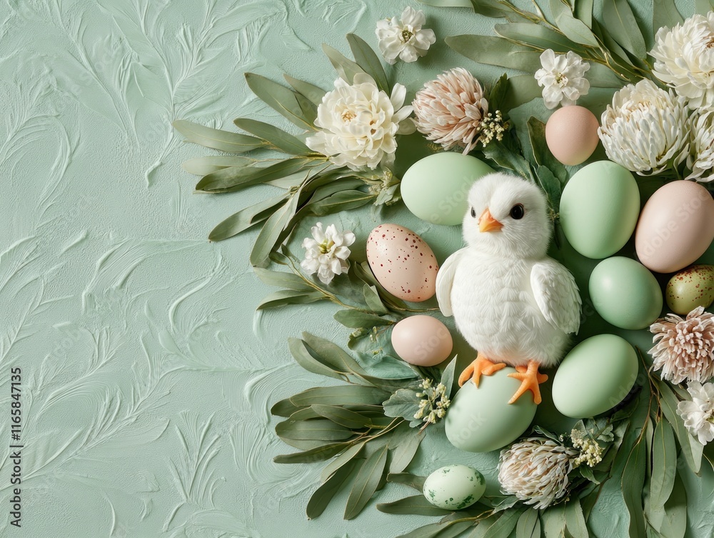 Obraz premium Celebrate spring's arrival with a traditional Easter chick nestled among symbols of renewal, including pastel Easter eggs and delicate flowers This charming image captures the essence of new