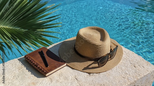Relaxing by the pool with a straw hat, sunglasses, and a notebook in the sunl...