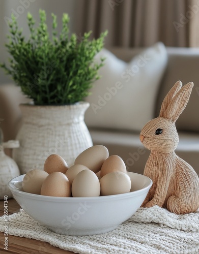 Easter decor with eggs and a bunny figure in a cozy home setting