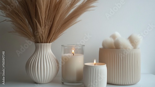 Elegant home decor featuring dried flowers and lit candles in a serene setting