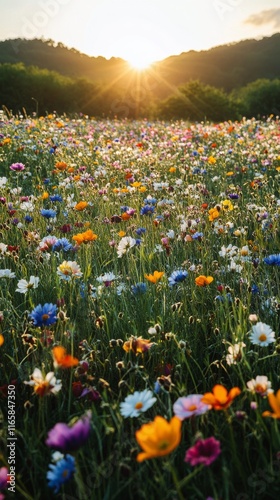 Vibrant wildflower meadow at sunset showcasing a colorful array of blooms