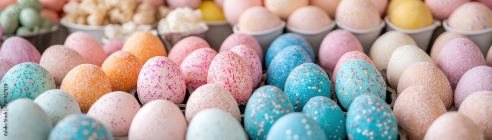 Discover a delightful array of vibrant chocolate eggs at this charming candy stall, perfectly capturing the festive spirit of the holiday season A colorful spectacle awaits, with pastel hues and Discover a delightful array of vibrant chocolate eggs at this charming candy stall, perfectly capturing the festive spirit of the holiday season A colorful spectacle awaits, with pastel hues and