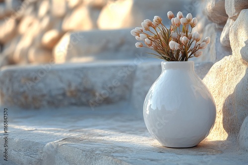 Elegant white vase with delicate flowers on stone steps in soft sunlight