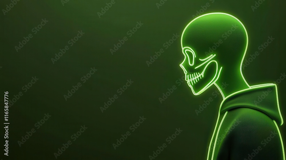 A glowing green skeleton figure in profile, set against a dark background, evokes a modern, eerie aesthetic. A glowing green skeleton figure in profile, set against a dark background, evokes a modern, eerie aesthetic.