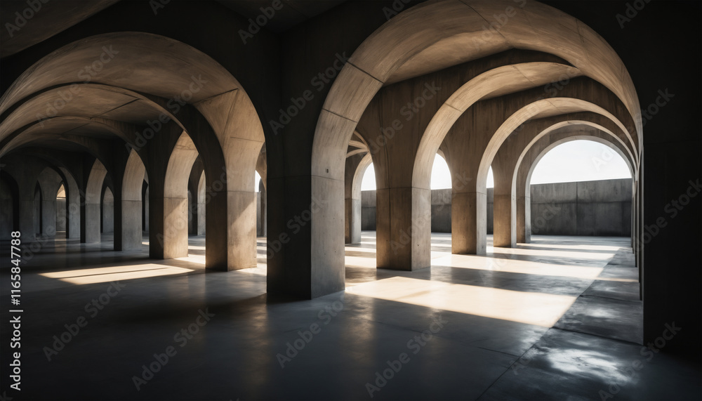 Naklejka premium empty and dark abstract concrete archways with vibrant sunlight