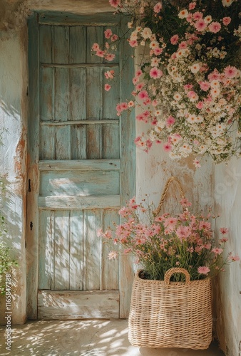 Woven basket filled with colorful flowers hanging on an old blue door in a ru...