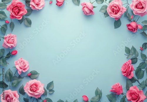 Elegant floral frame adorned with pink roses and green leaves on a blue backg...