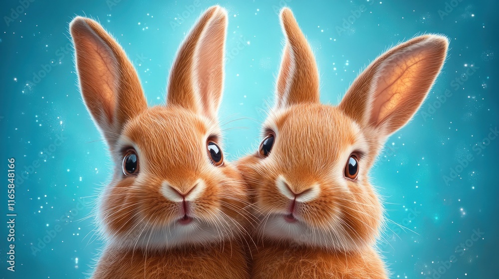 Obraz premium Discover charming Illustration of Bunny Ears on Rabbits A cute and realistic drawing of rabbits with their signature bunny ears, showcasing two adorable bunnies with fluffy fur and long, upright ears