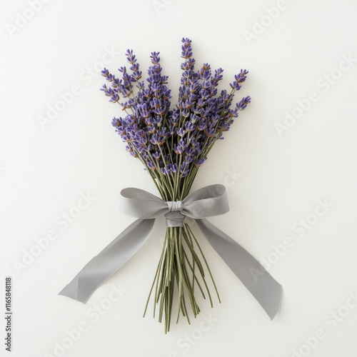 Beautiful lavender bouquet tied with gray ribbon on a white background