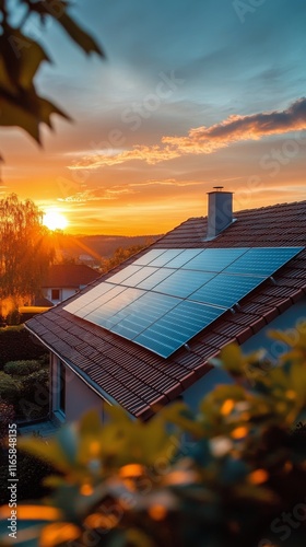 Solar panels on rooftop reflect vibrant sunset colors over residential area