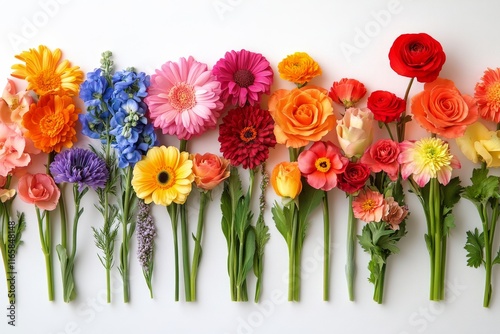Colorful arrangement of various flowers on a plain background showcasing spri...