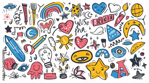 Colorful Doodle Objects and Phrases Design Elements for Creative Projects