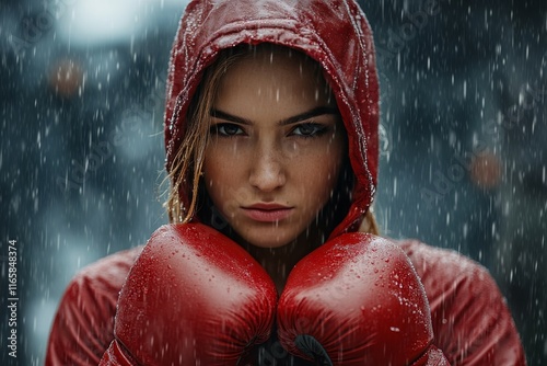 Female boxer training in snowy conditions with determination and focus in the...