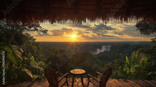 Stunning sunset over tropical waterfall with tranquil seating area in lush ra...