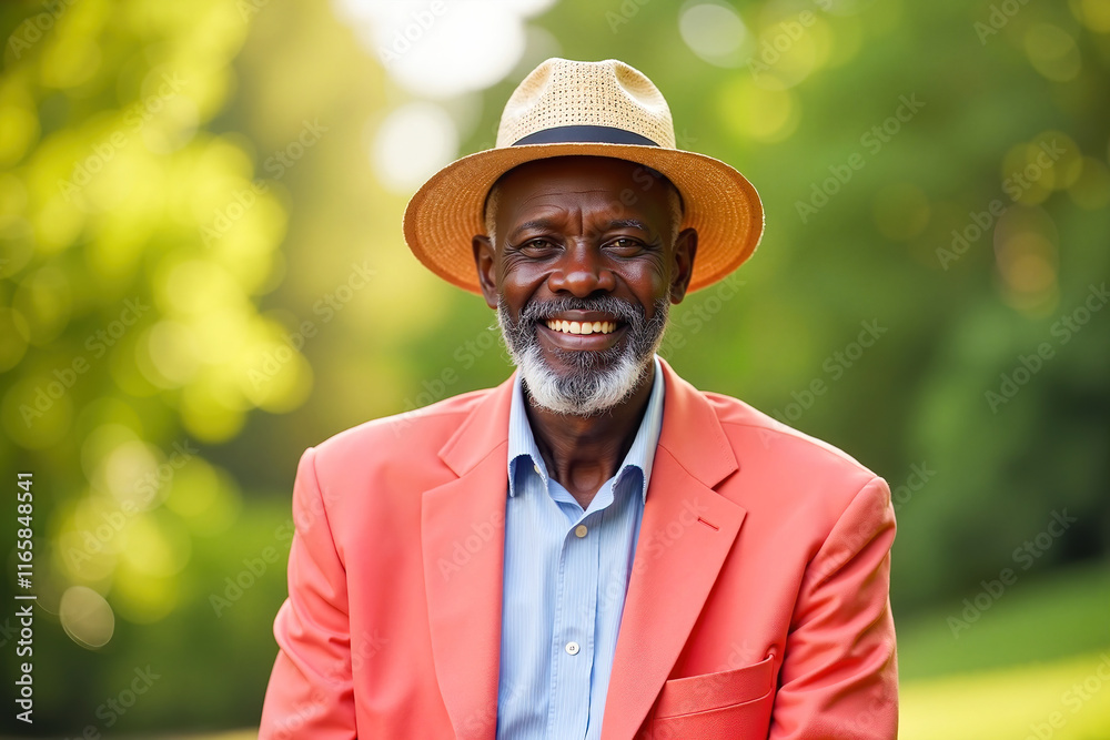 Elderly Black man smiling in coral blazer under sunlight, happiness. Bright and modern style portrait Elderly Black man smiling in coral blazer under sunlight, happiness. Bright and modern style portrait