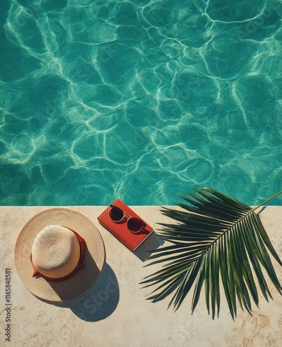 Relaxing by the pool with a book and sunglasses on a sunny day