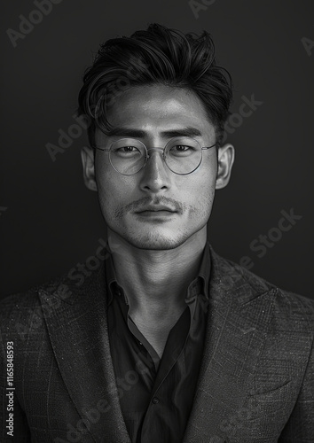 Black-and-white portrait of a Chinese man in glasses and a tailored suit, exuding sophistication and confidence