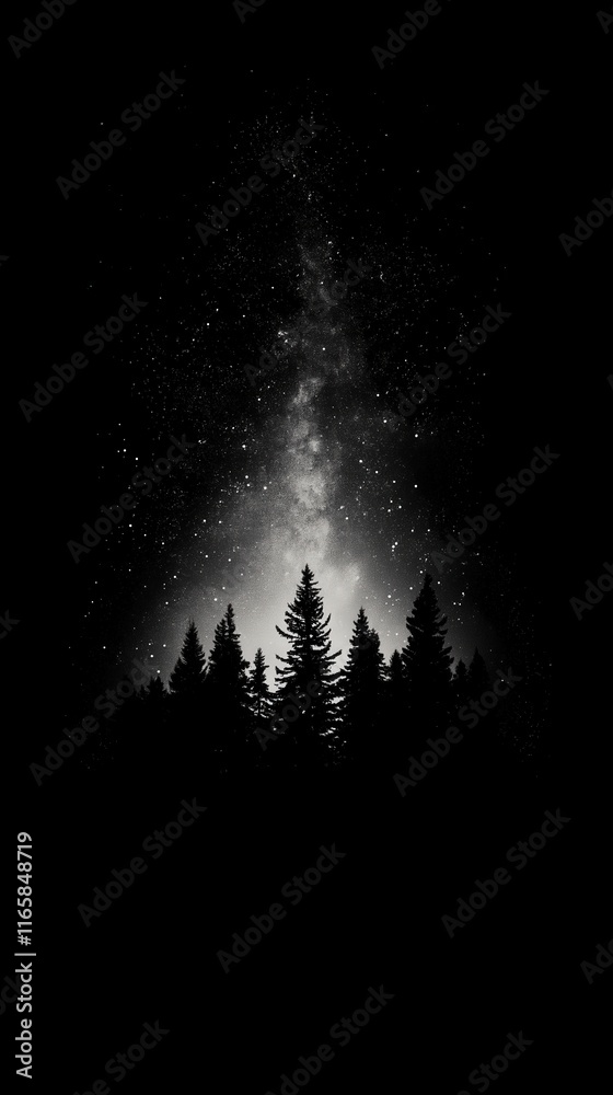 Silhouetted Pine Trees Against A Majestic Night Sky With The Milky Way And Stars Shining Brightly. Perfect For Tranquil Phone Wallpapers And Scenic Celestial Landscapes. Silhouetted Pine Trees Against A Majestic Night Sky With The Milky Way And Stars Shining Brightly. Perfect For Tranquil Phone Wallpapers And Scenic Celestial Landscapes.
