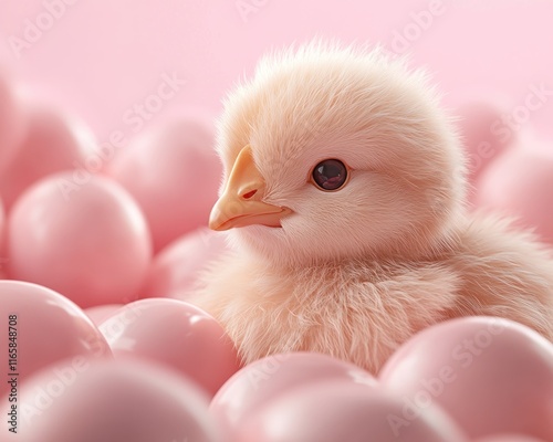 Discover the charm of a cute, fluffy chick surrounded by soft, pastel decorations, perfect for the holiday season This adorable image is ideal for spring and Easter projects, featuring a baby chick photo