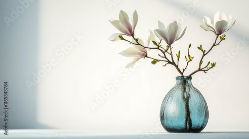 Elegant magnolia branch in blue vase against soft background